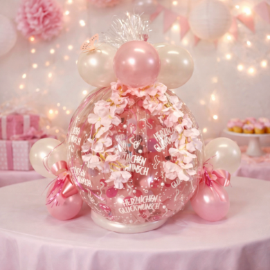 Geschenkballon Rosa und Weiß mit Blumen